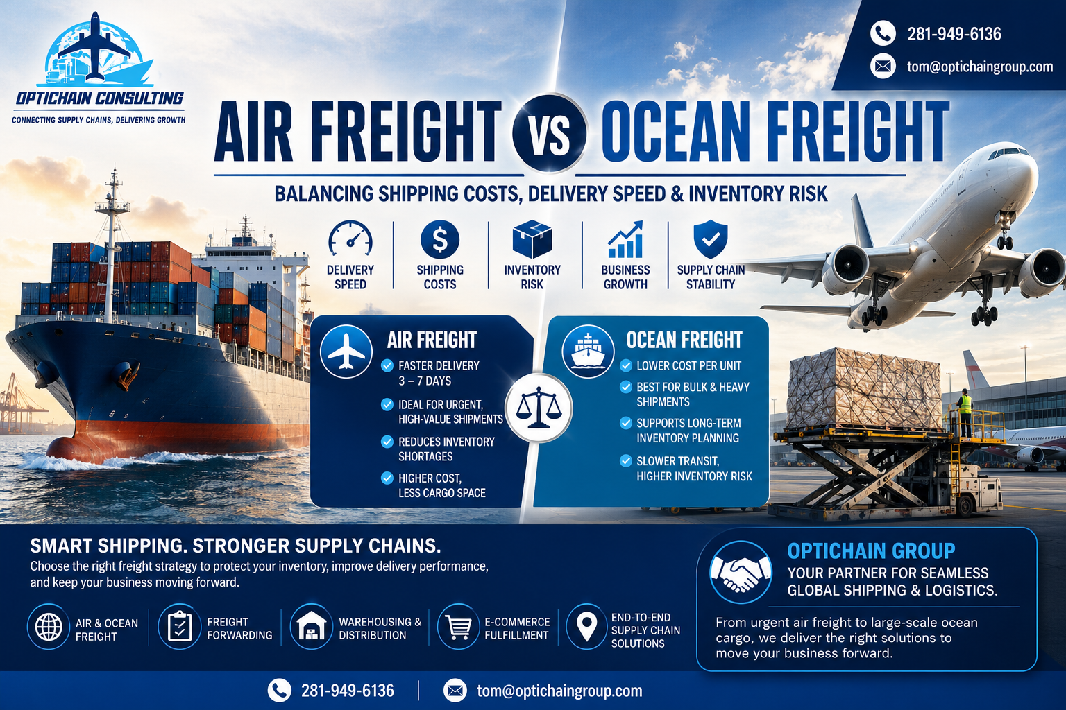 Read more about the article Air Freight vs Ocean Freight: Balancing Shipping Costs, Delivery Speed & Inventory Risk